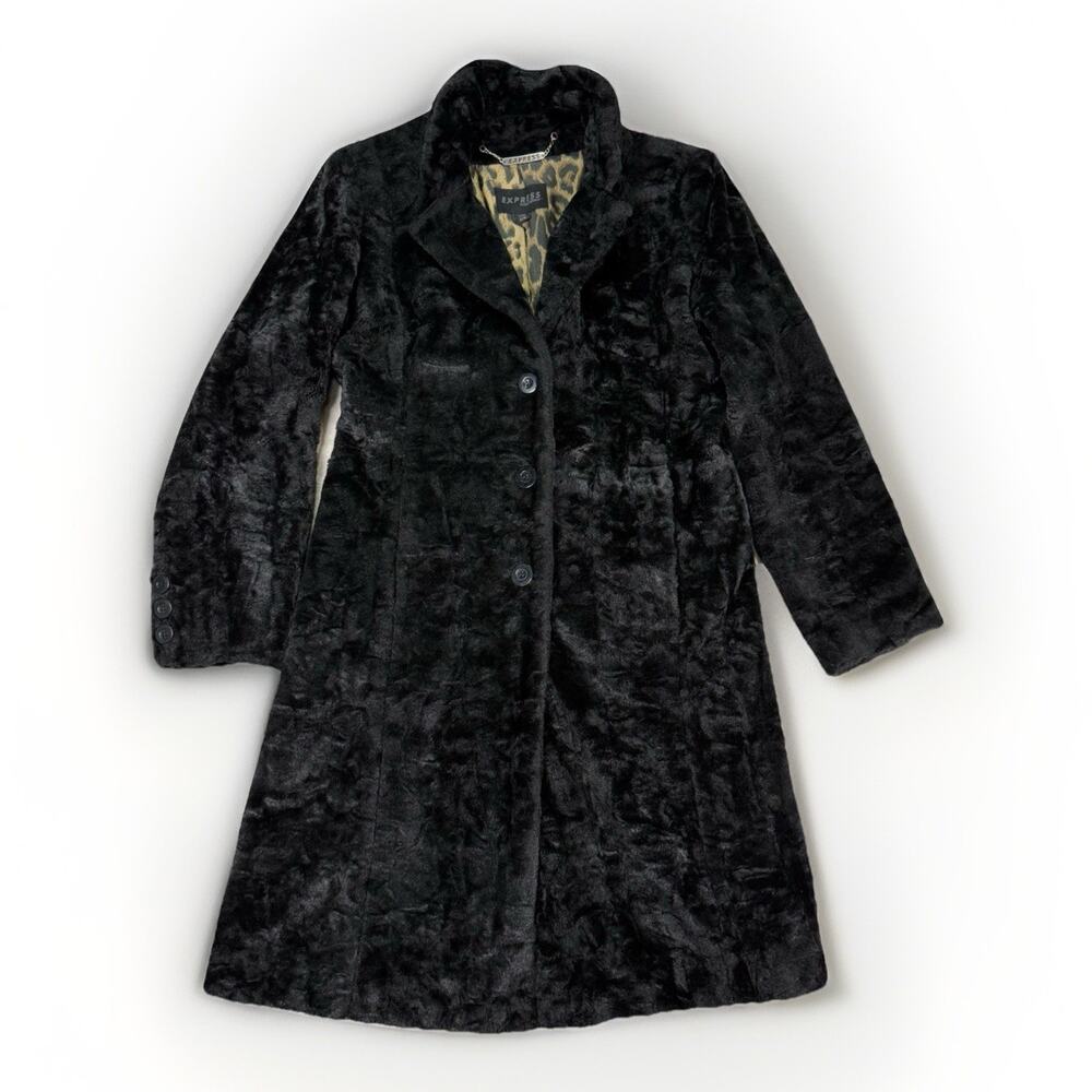 VTG Express Black Faux Fur‎ Long Trench Coat Women's Size 5/6 Small USA 90s Y2K